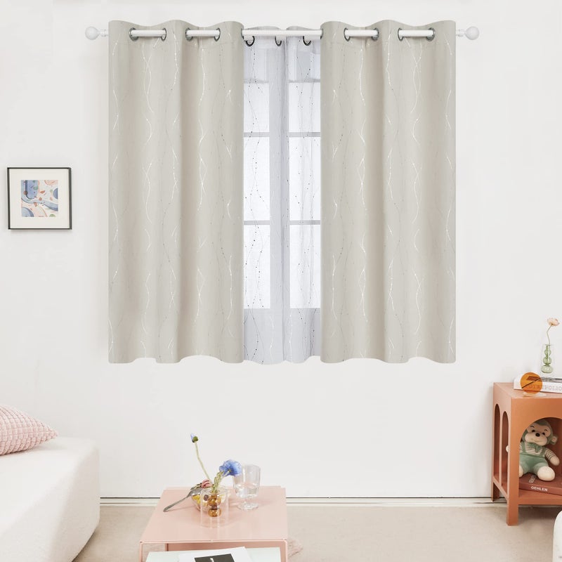 Deconovo Beige Blackout Curtains, Room Darkening Curtain, Thermal Insulated Soundproof Drapes, Silver Wave Dots Print, 38 x 36 Inch, Machine Washable Window Panels for Kitchen Nursery Office, Set of 2 - Image 2